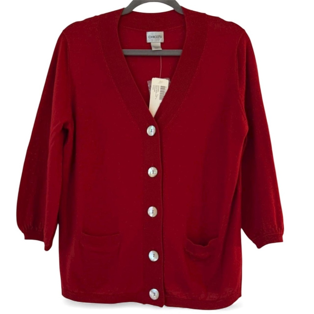 NWT Chico's Red 100% Merino Wool Montreal Cardigan‎ Sweater Size 1 (Medium)